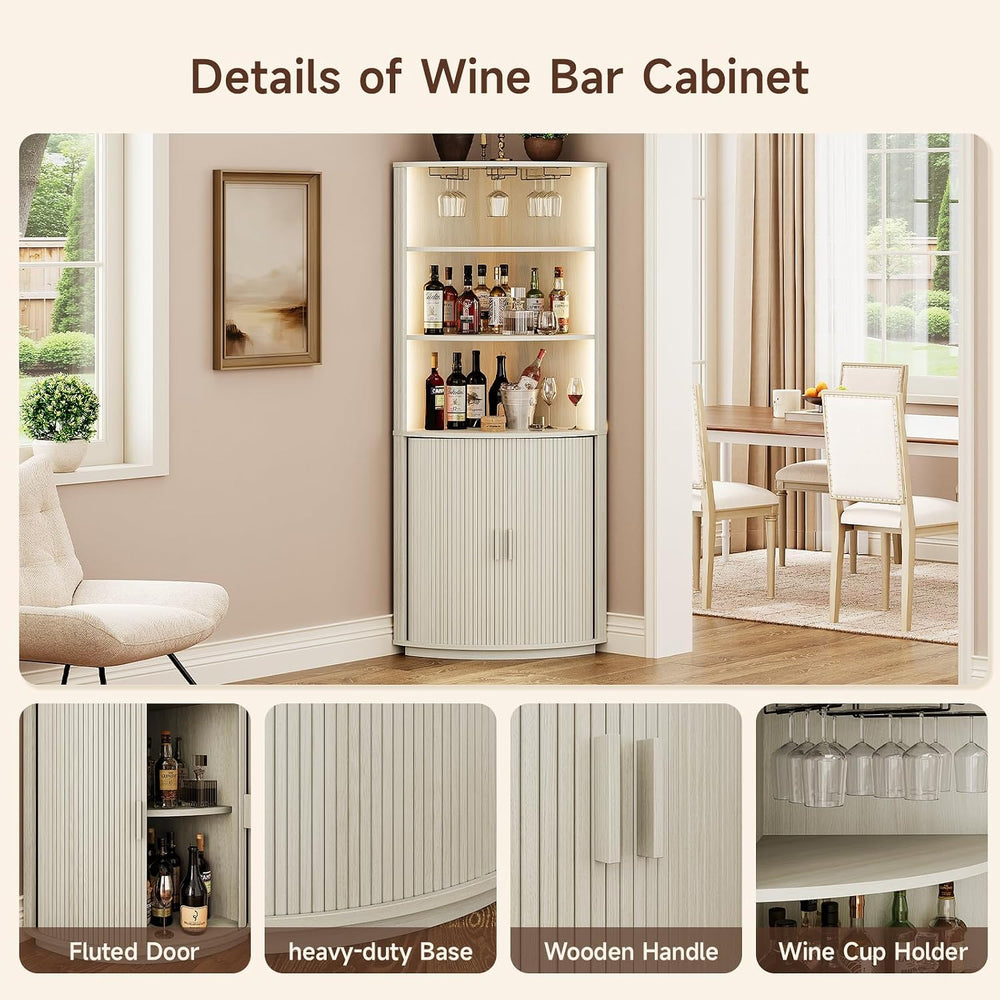 ONBRILL 72" Tall Corner Bar Cabinet with LED Light, Liquor Cabinets, White