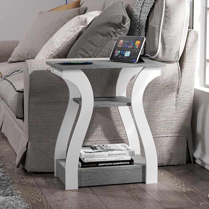 End Tables Living Room, Grey End Table with Charging Station, Grey Side Table...