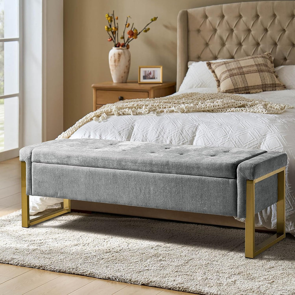 Modern Storage Ottoman Bench with Gold Metal Legs Upholstered Footrest End-of...