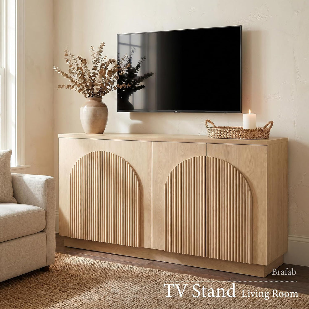 Brafab Modern 55" Fluted Wood Sideboard Buffet Cabinet with Storage/Natu...