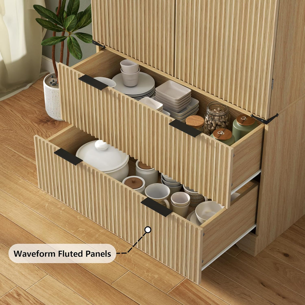 71" Tall Fluted Kitchen Pantry Storage Cabinet with 2 Drawers & 7 Do...