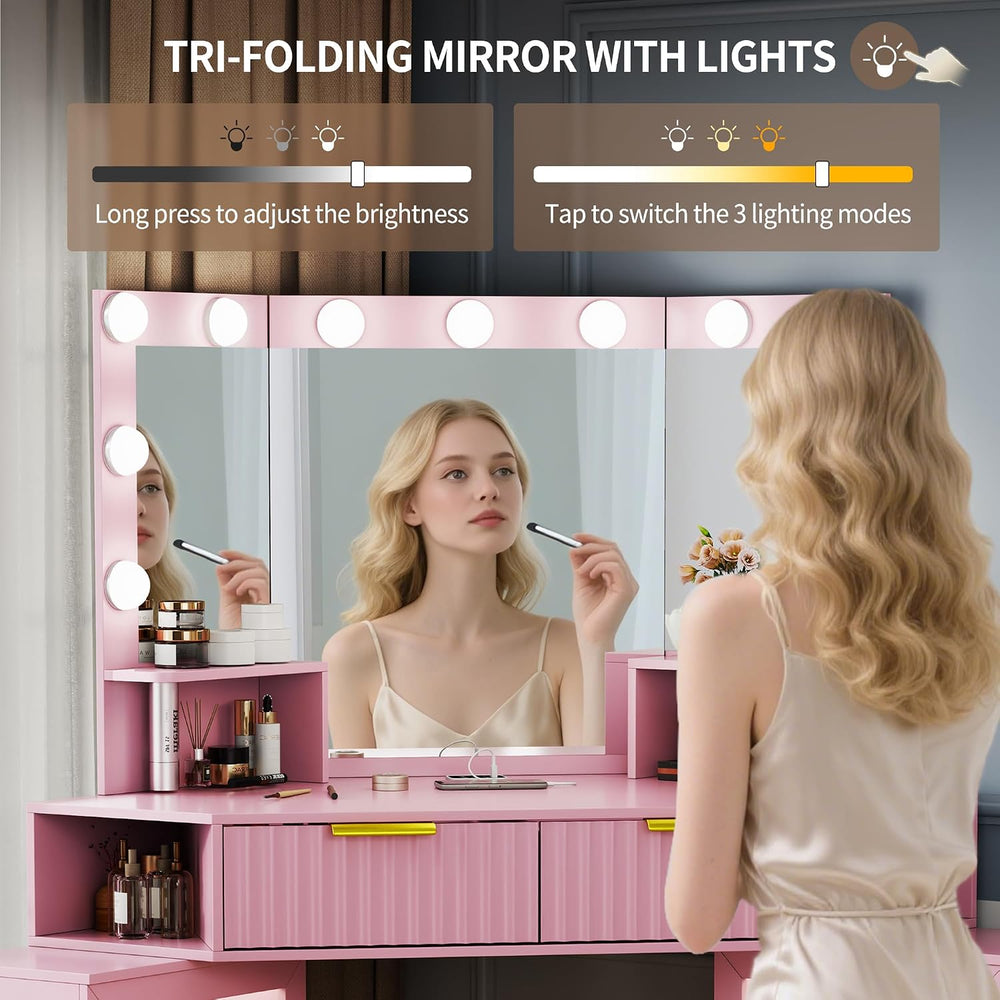 Corner Vanity Desk with LED Mirror, Power Outlet and 3 Light Modes - Pink | S...