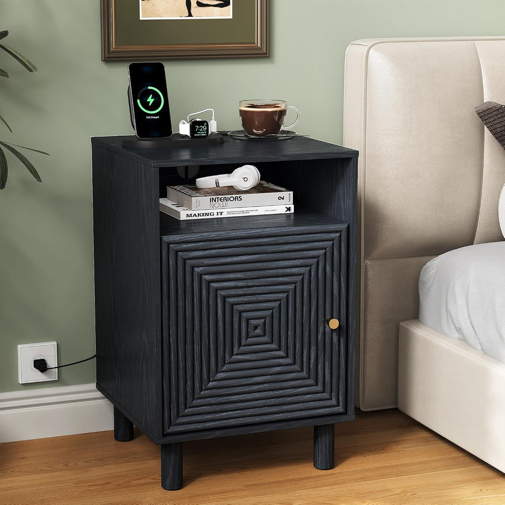 RoyalCraft Black Nightstand with Charging Station, End Table with Storage | M...