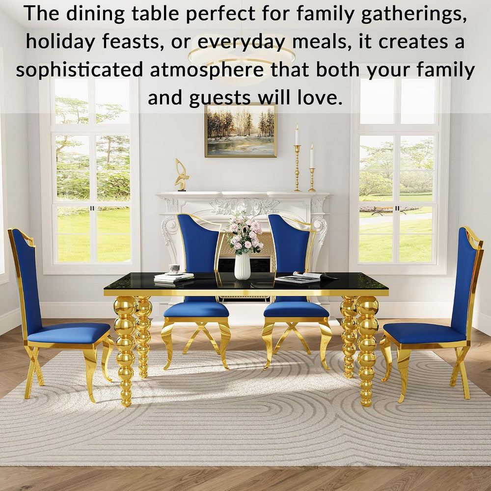 Dining Room Table Set for 6, 70 Inch Elegant Black Glass Kitchen Tabletop wit...