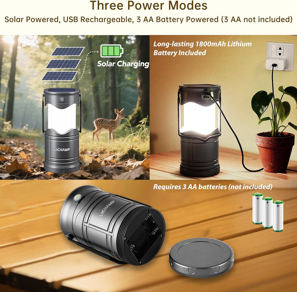 Lichamp 1-Pack Solar Camping Lantern, USB Rechargeable LED Lanterns