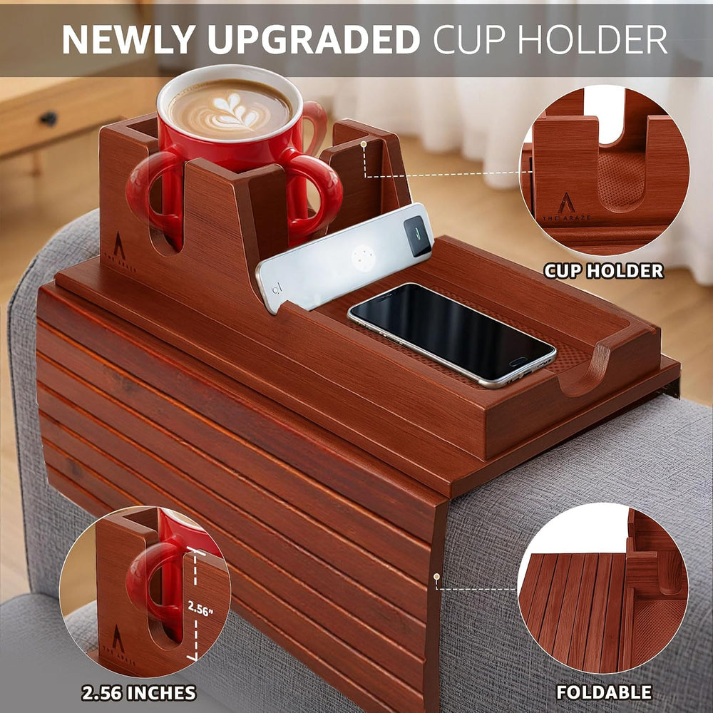 Brown Bamboo Couch Arm Tray with Non-Slip Mats, Slide-Away Upper Tray, Adjust...