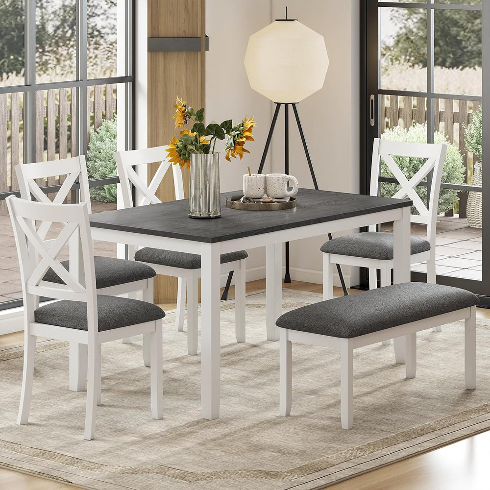 Zevemomo 6-Piece Solid Wood Dining Table Set, Wooden Legs, White