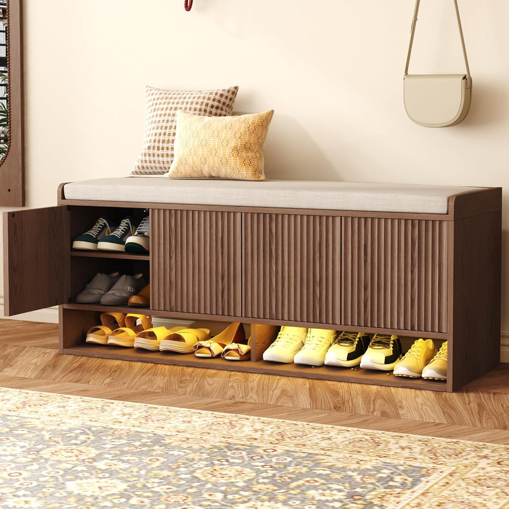HOMEFORT 47.2" Fluted Shoe Storage Bench, Entryway Bench with Linen Seat...