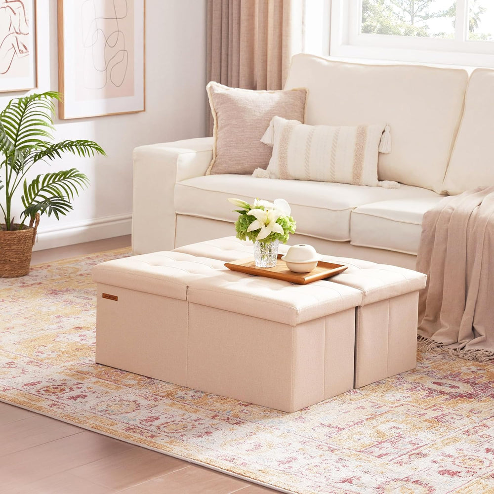HAUSFRAU Ottoman with Storage Bench Folding Foot Rest Stool Linen Beige
