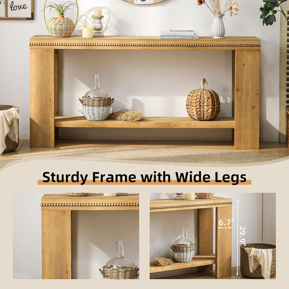 Console Sofa Table with Storage, 63" Long Wood Console Table with Beaded...