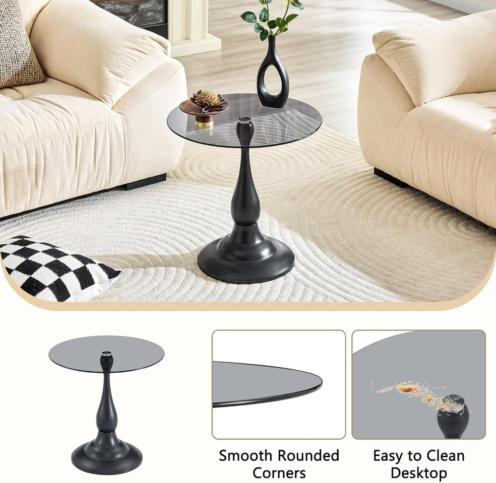 Modern Round Side Table, Gray Glass Top End Table with Black Metal Pedestal B...