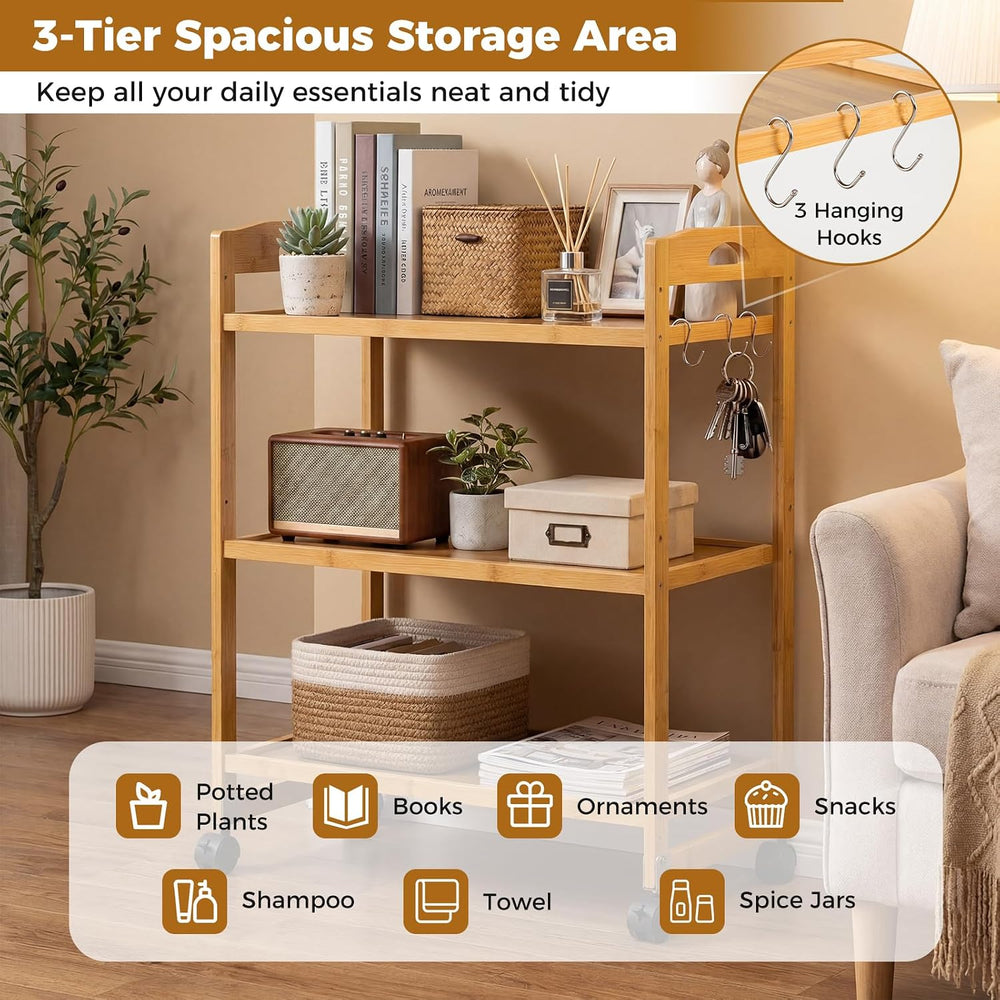 3 Tier Rolling Cart, Bamboo Storage Cart on Wheels with 3 Side Hooks & Ad...