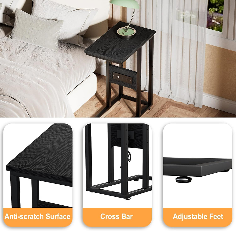 VECELO C Shaped End Table with Charging Station & Power Outlets, Quick Ac...