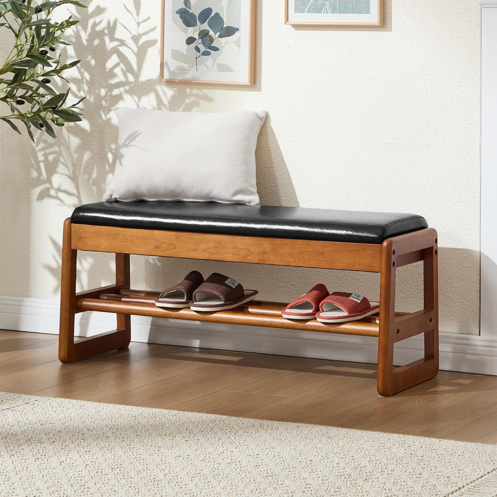 39.3" Shoe Rack Bench,2 Tiers Shoe Bench with Storage,Walnut Storage Ben...