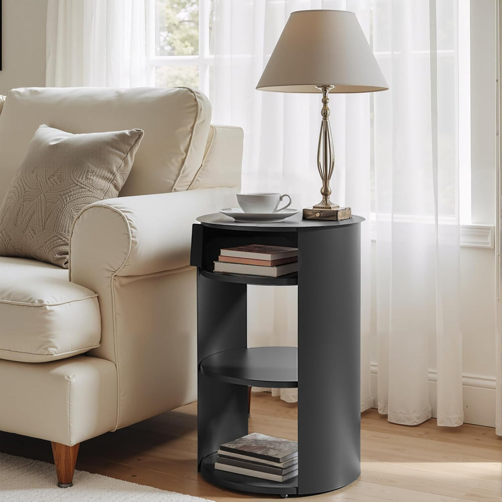 GDFStudio 3-Tier Modern Round Side Table with Sliding Door Storage, Pre-Assem...