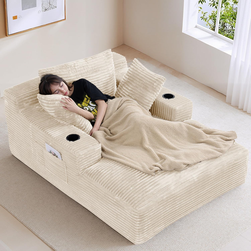 50" x 68" Corduroy Chaise Lounge, Cup Holders, Beige | Oversized co...