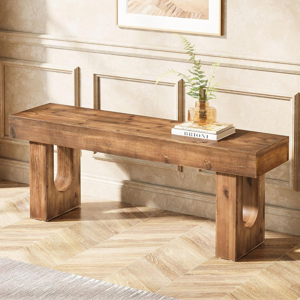 Solid Wood Shoe Bench, 47" Long Farmhouse Entryway Bench with Sturdy Leg...