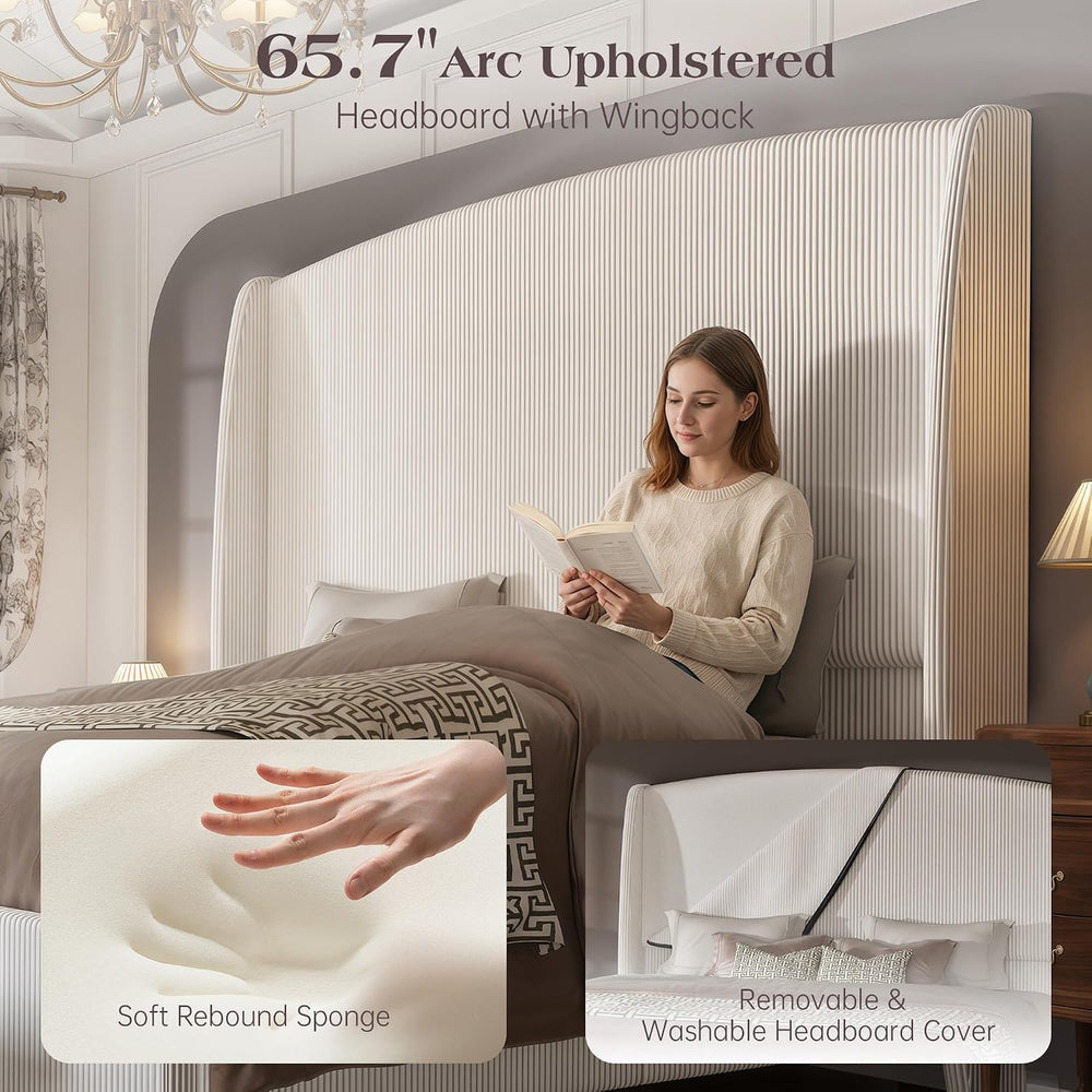 65.7" Tall Headboard Queen Size Upholstered Wingback Bed Frame, Cream