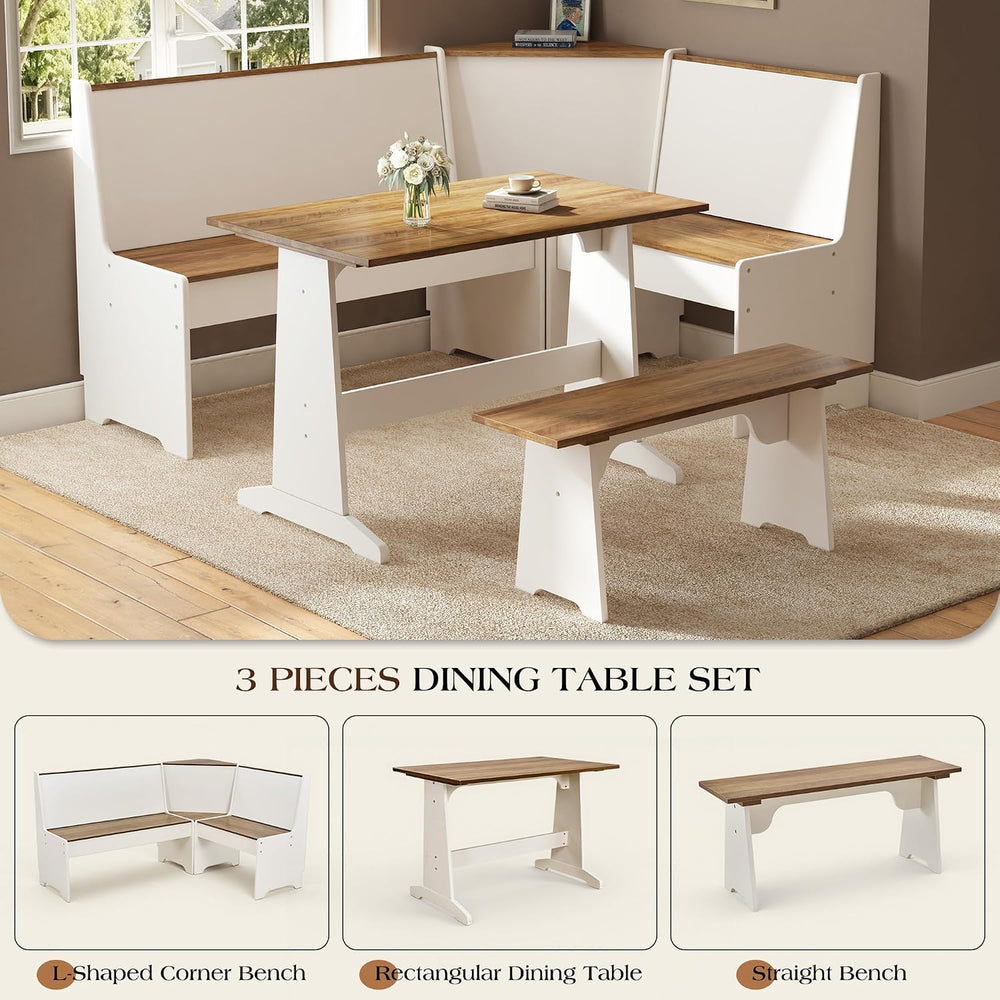 LUXOAK 3-Piece Corner Dining Set with Hidden Storage, White & Barnwood