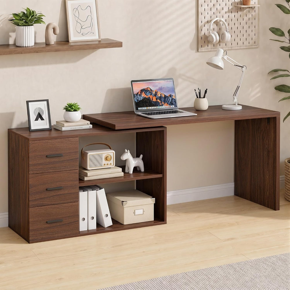 HSH Walnut L Shaped Desk Corner Desk with 3 Storage Drawers 55 inch