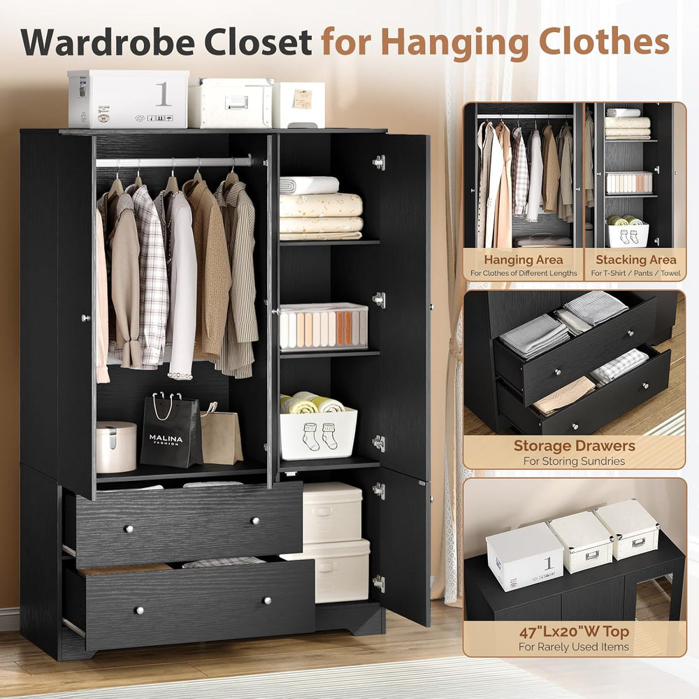 VINGLI Armoire Wardrobe Closet with Doors and Mirror,47" W Wardrobe Cabi...