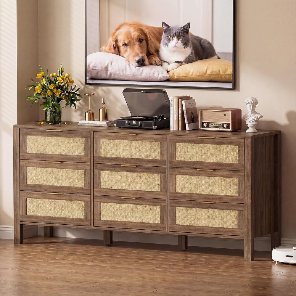 9 Drawer Double Dresser,Wood Dresser,Modern Wooden Storage Cabinet,Chest of D...