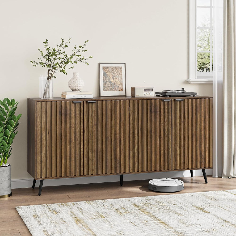 Smuxee 63" Fluted Sideboard Cabinet, Freestanding Walnut Buffet Cabinet ...
