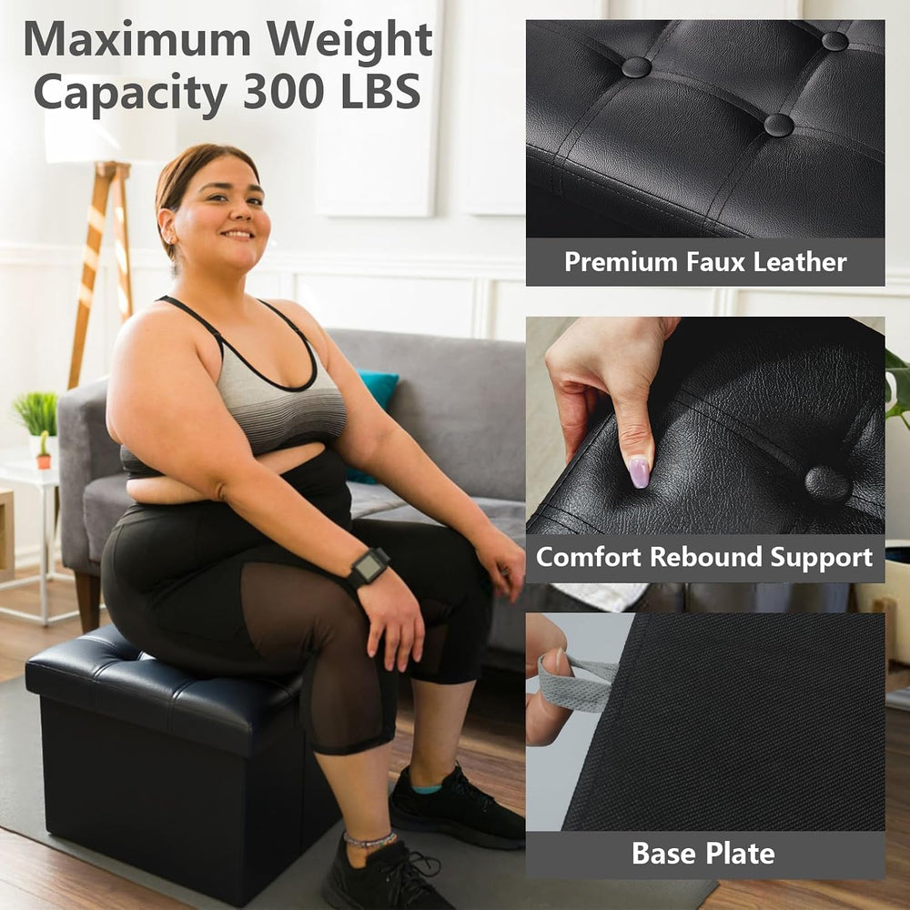 AmasSmile Storage Ottoman Folding Foot Rest Stool, Leather Footstool Bench, S...