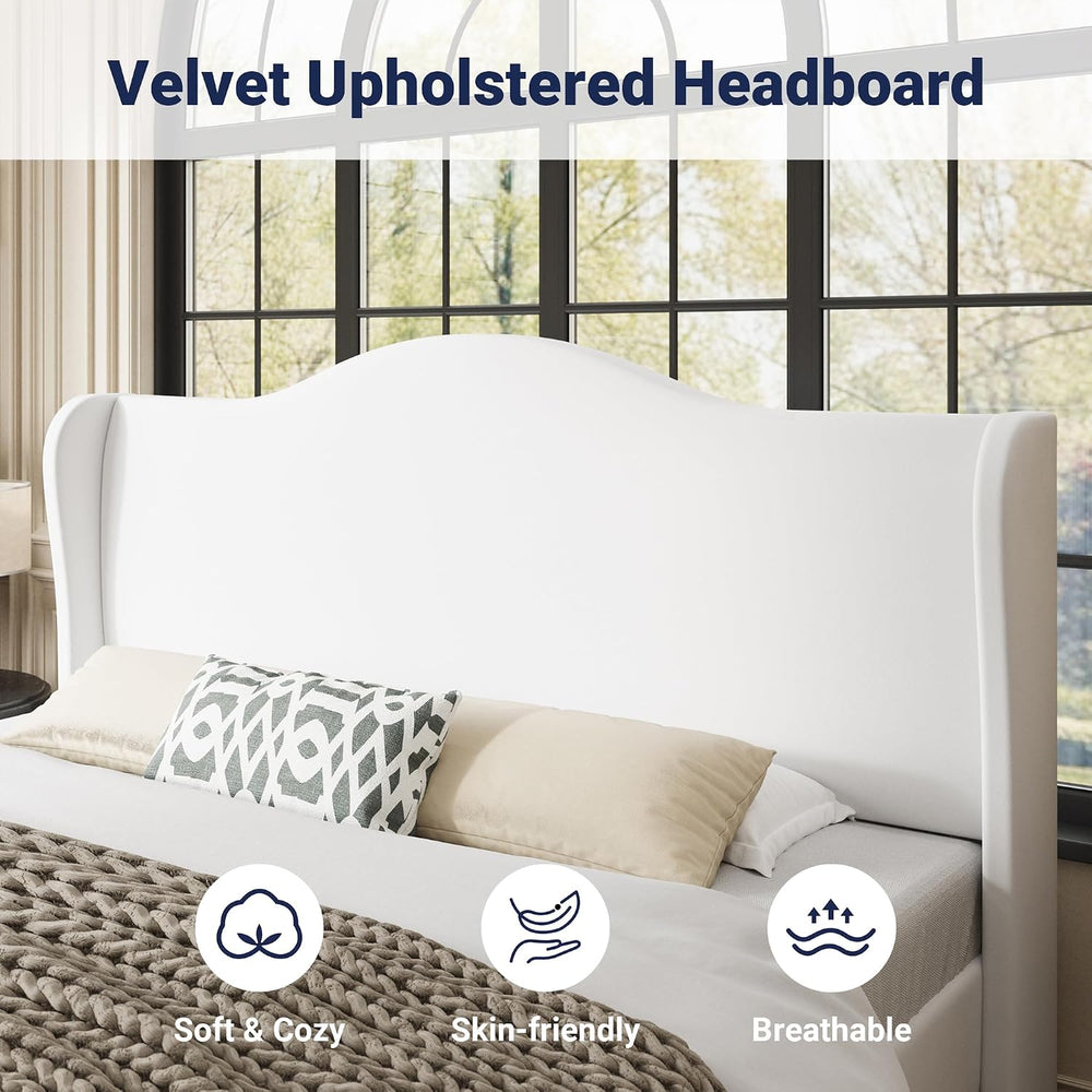 Allewie King Size Bed Frame, Plush Velvet Wingback, Modern Style, White