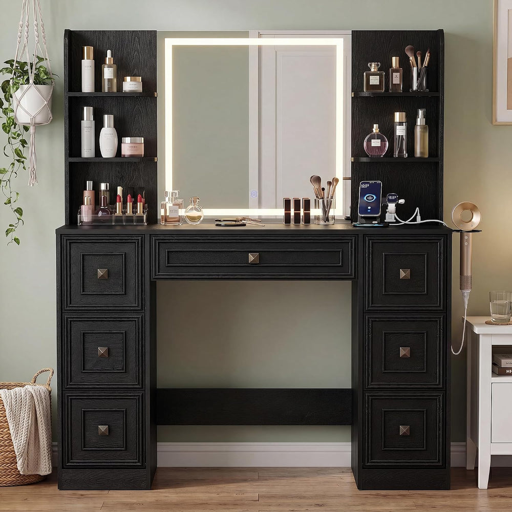 YESHOMY Makeup Vanity Desk,LED Mirror,Charge Hub,Hair Tool Organizer | UL Fas...