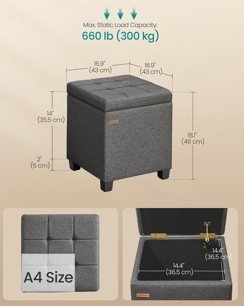 SONGMICS Square Storage Ottoman with Hinged Lid, 16.9 x 16.9 x 18.1 Inches | ...