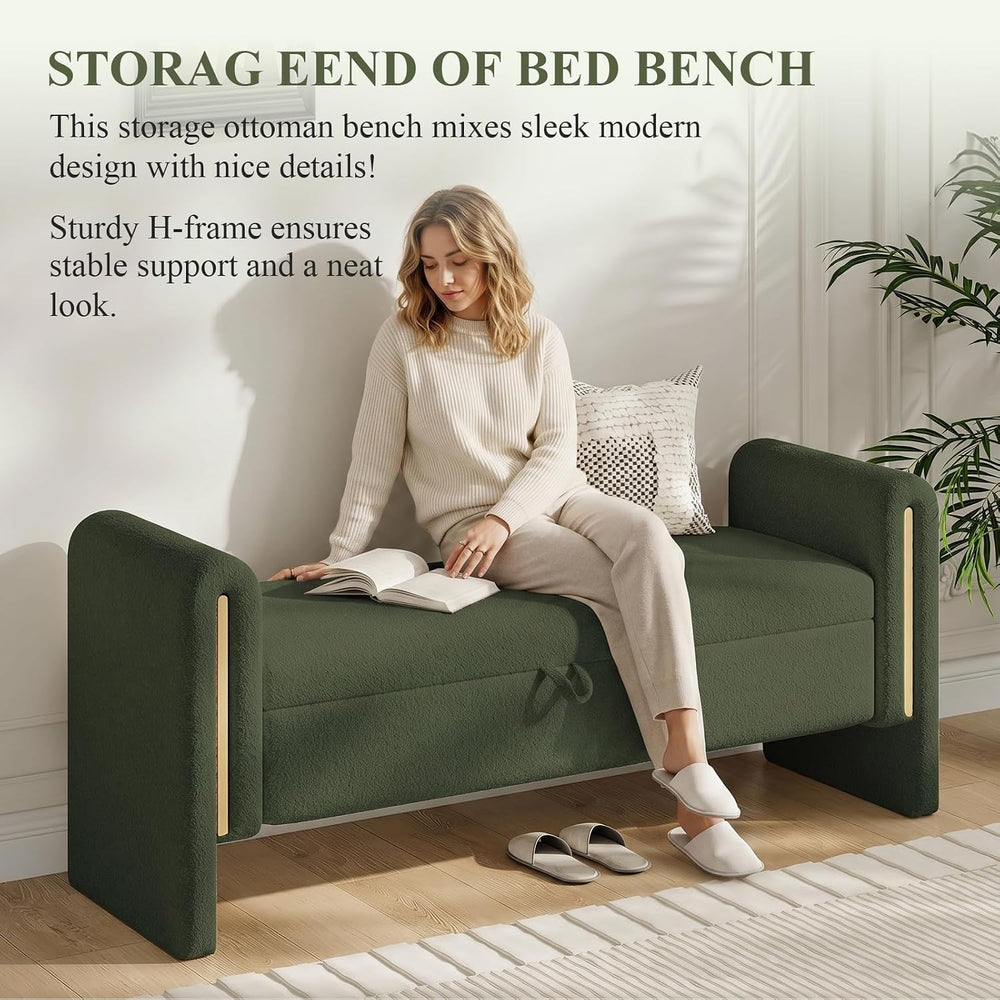 52" Storage Ottoman Bench, Teddy Upholstered End of Bed Bench with Pull-...