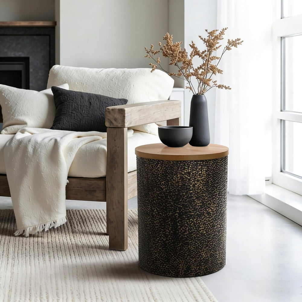 LuxenHome Round Side Table, 20" Black and Gold Metal Base with Wood Top,...