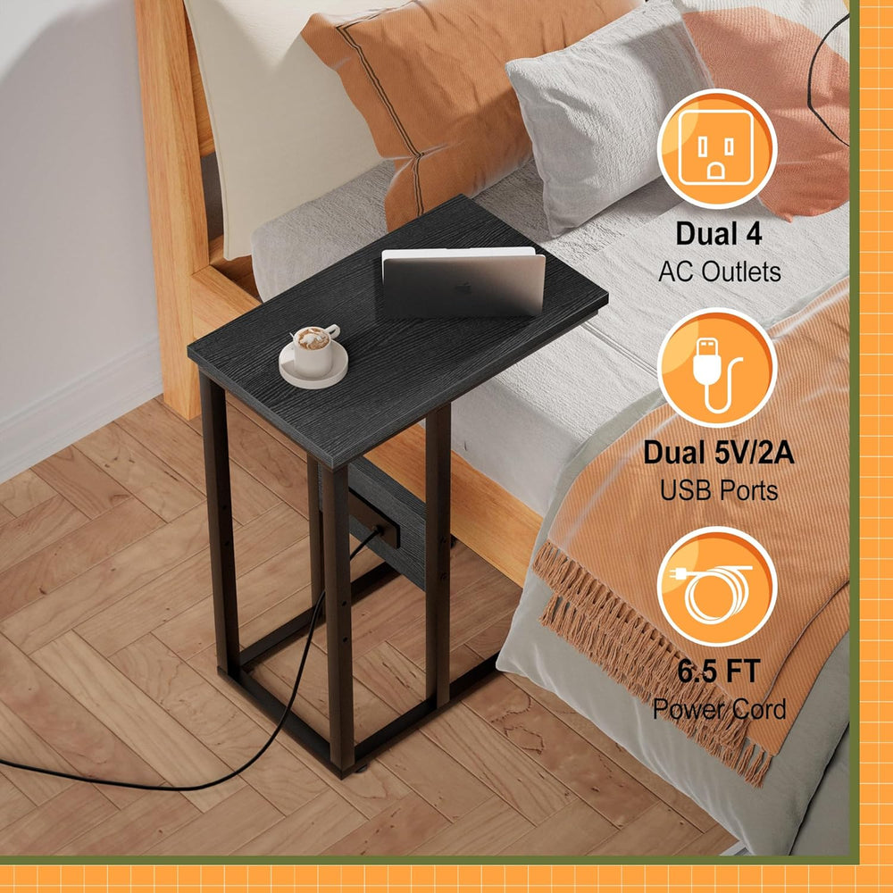 VECELO C Shaped End Table with Charging Station & Power Outlets, Quick Ac...
