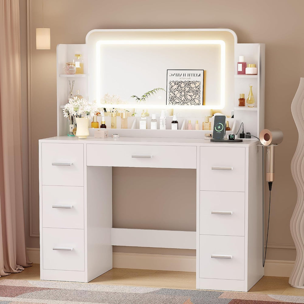 YESHOMY Vanity Desk with Large Mirror,11 Lights,Outlet,7 Drawers,(White