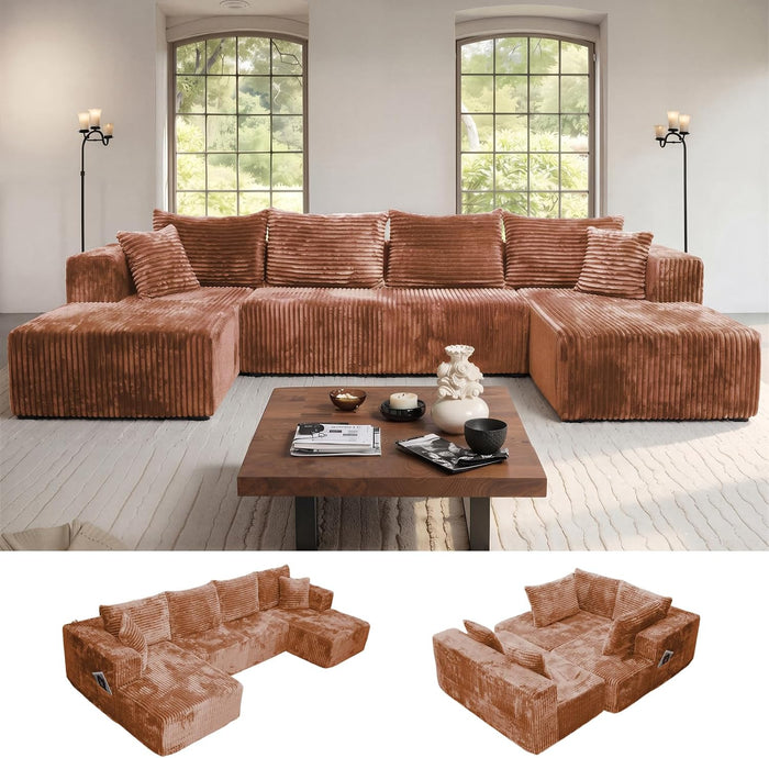 130'' U Shaped Boneless Couches, Corduroy Modular Sectional Sofa Brown