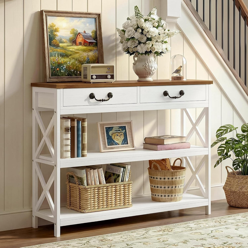 IRONCK 39.4" Farmhouse Console Table with Storage, White/Walnut | Narrow...