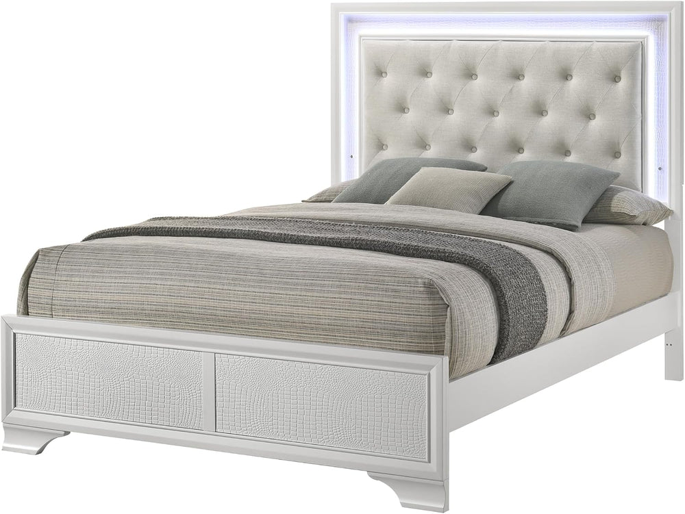 Modern Queen Size 1pc Bed Crisp White Textured Finish Tufted Headboard Integr...
