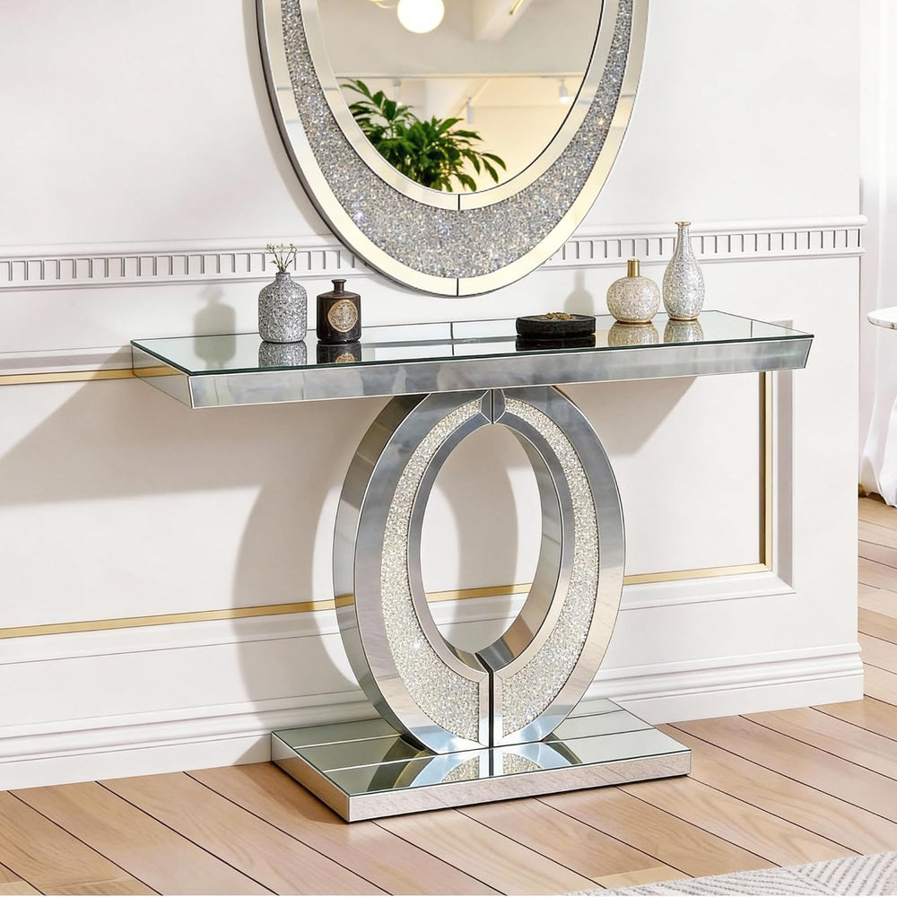 Silver Mirrored Console Table with Crushed Diamond lnlay, 39.5" Modern R...