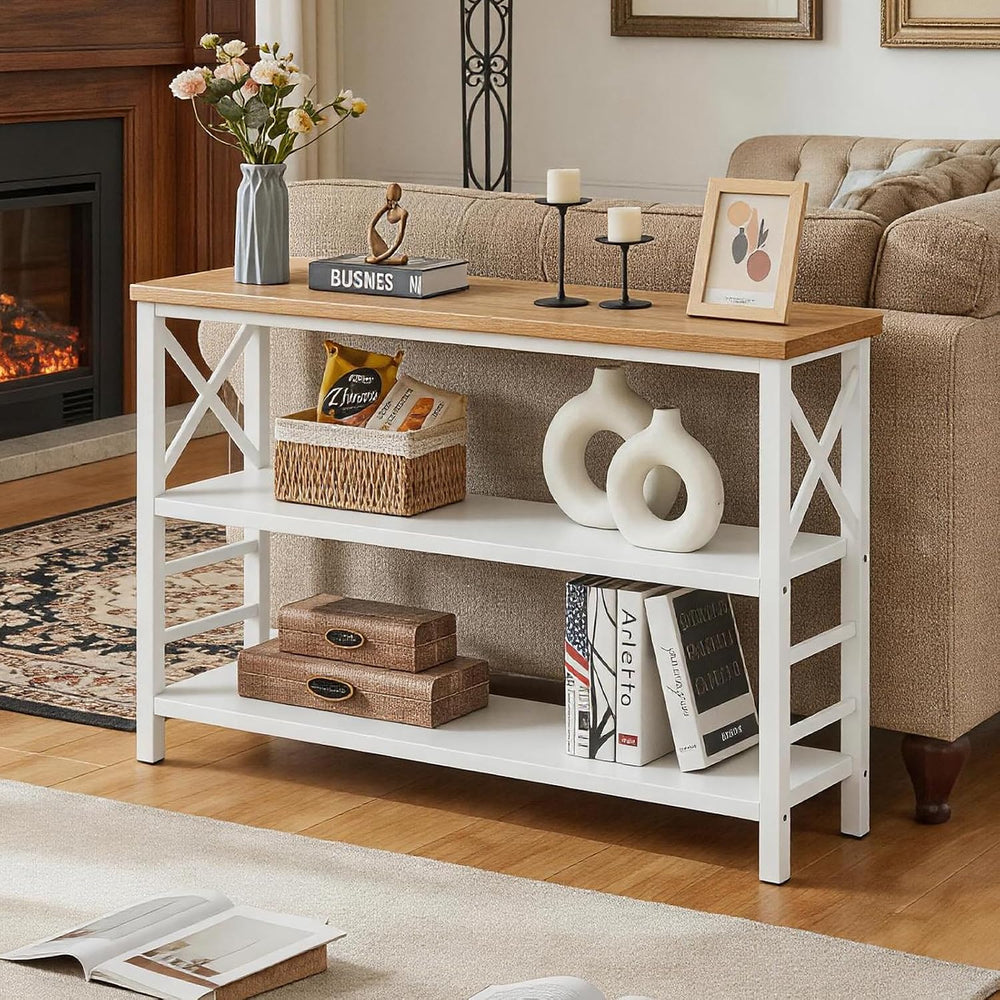 Hombazzar 3-Tier Sofa Table,Console Tables for Entryway,White & Brown 47&...