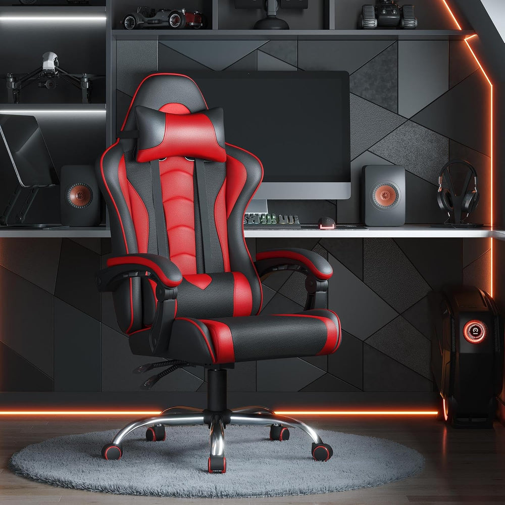 Yaheetech Gaming Chair with Massage Lumbar Pillow High Back Reclining Red | P...