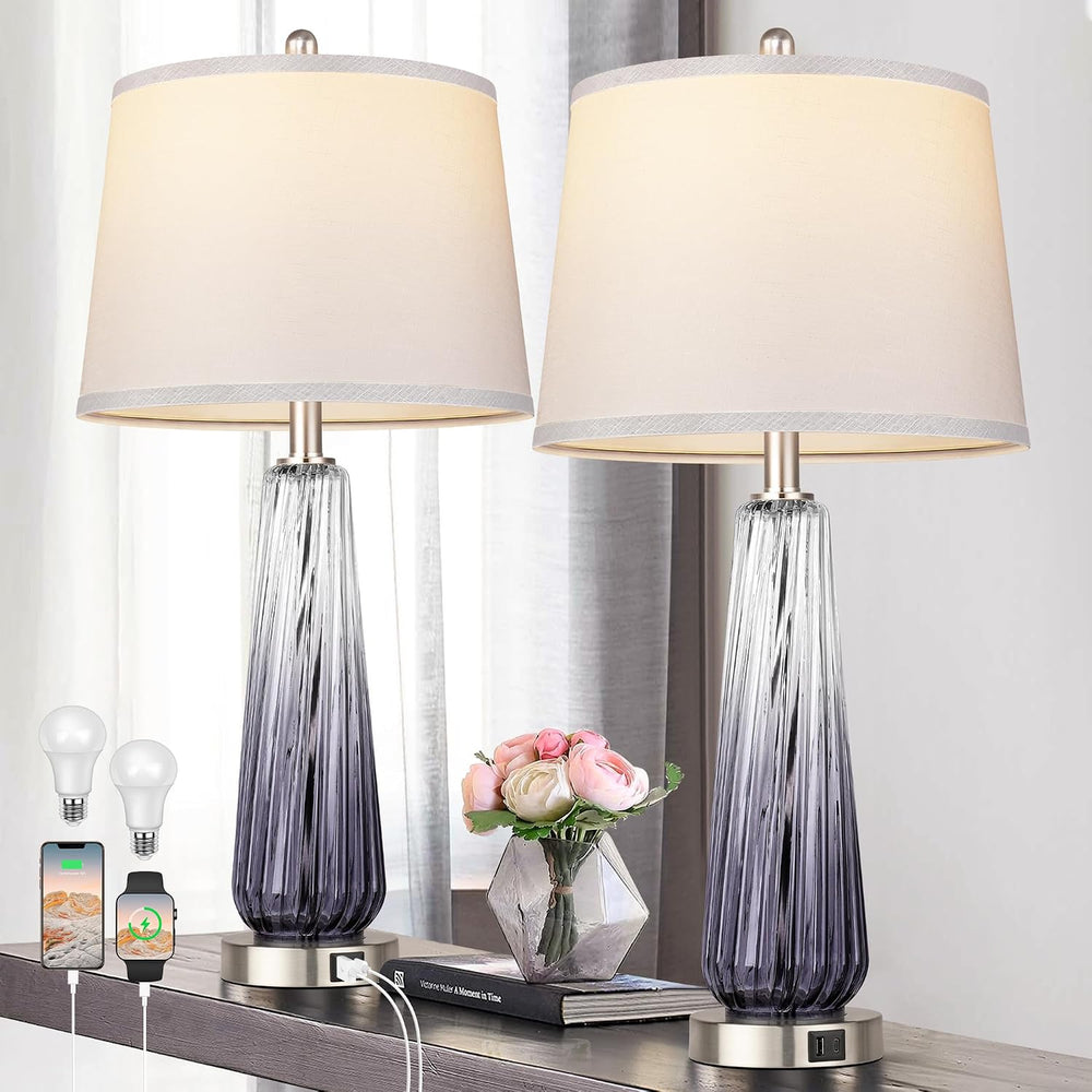 Glass Table Lamps Set of 2, Modern Bedside Lamps for Bedrooms with USB A+C Po...