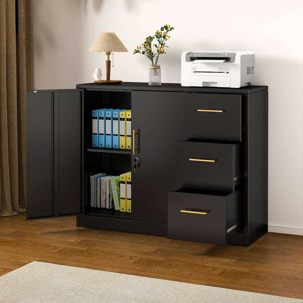 Tokawa Large Metal Office Storage Cabinet with 3 Drawers & 2 Doors, 46.46...
