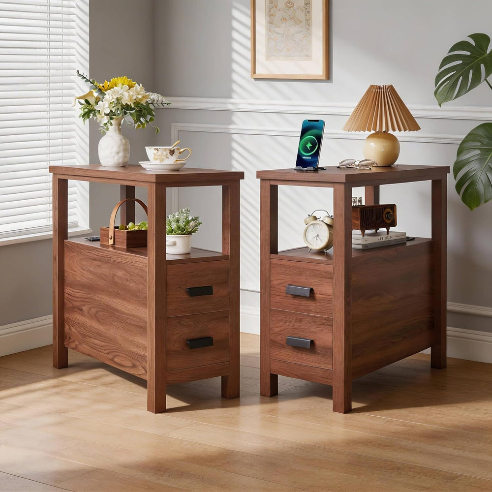Farmhouse Side Table with Charging Station and 2 Drawers, Antique Nightstand ...