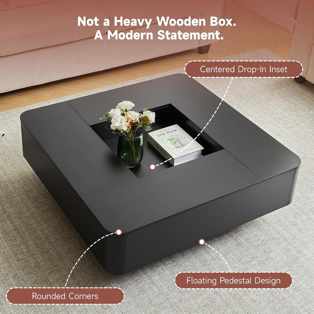 Square Coffee Table, 35.4" Modern Coffee Table with RGB LED Lights (Black)