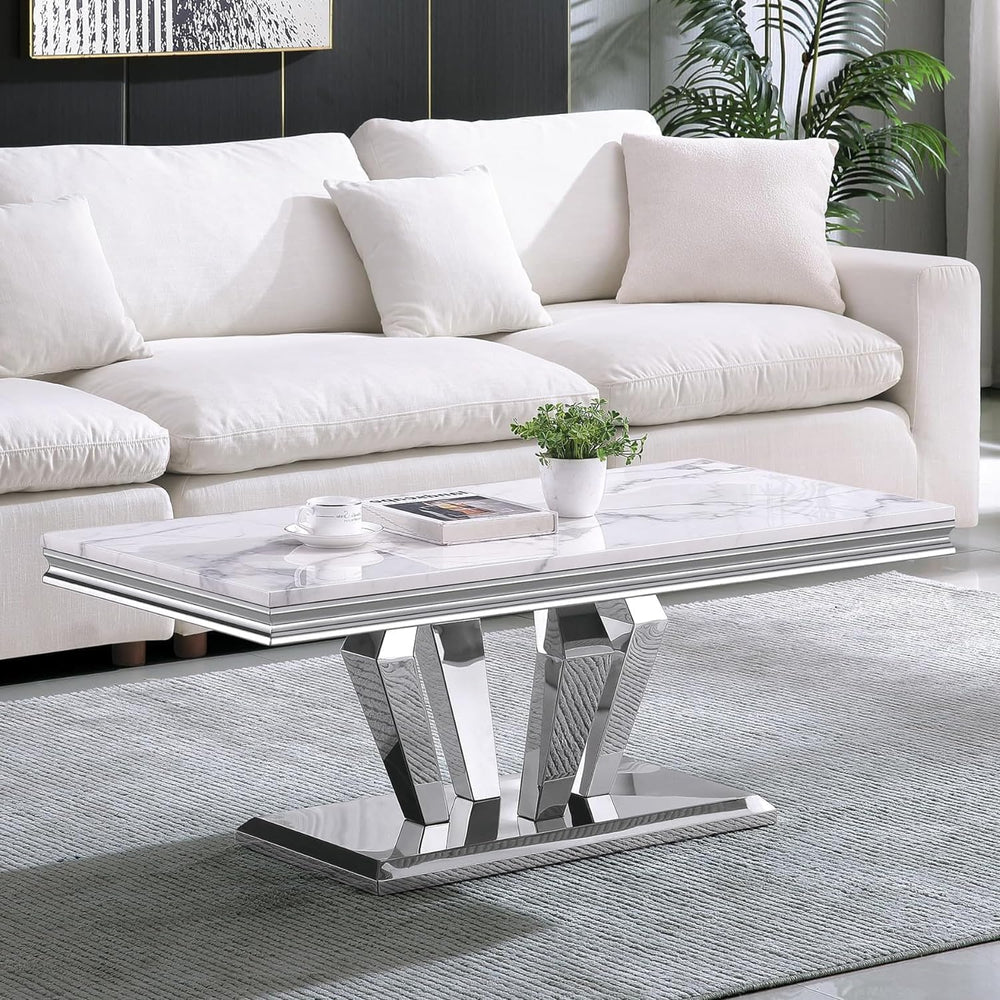 White Marble Coffee Table Set of 3, Luxury Marble Coffee Table and 2 Silver W...