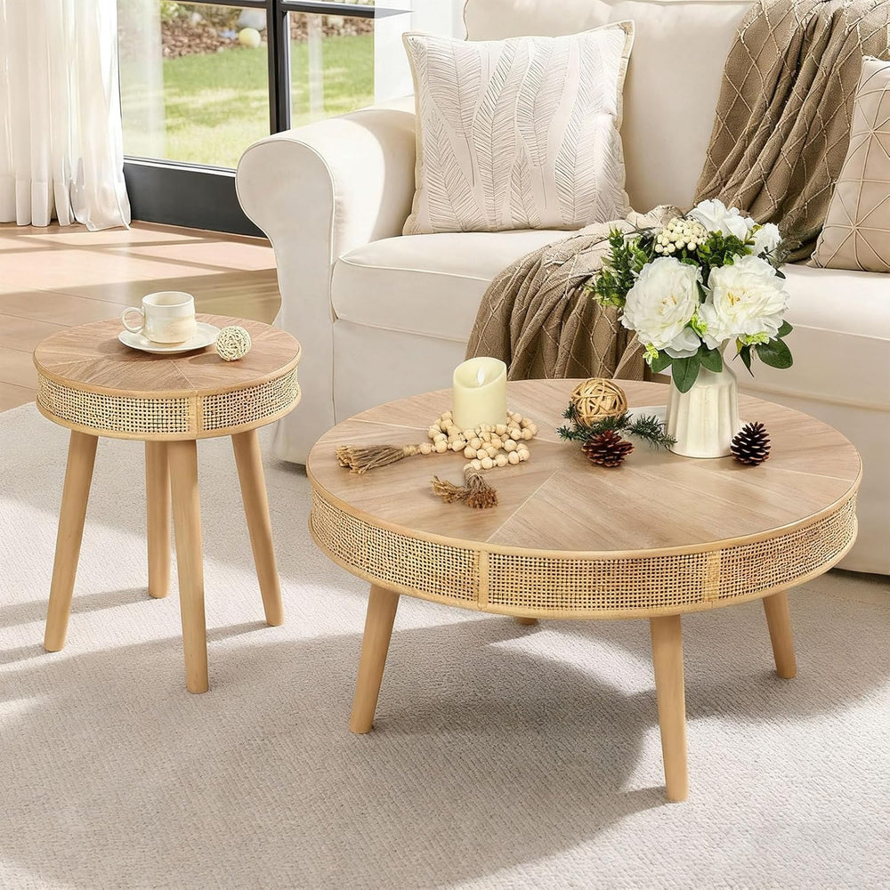 RUSTOWN 2-Piece Round Coffee Table Set with Rattan Accent, Soild Wood Leg, Fa...