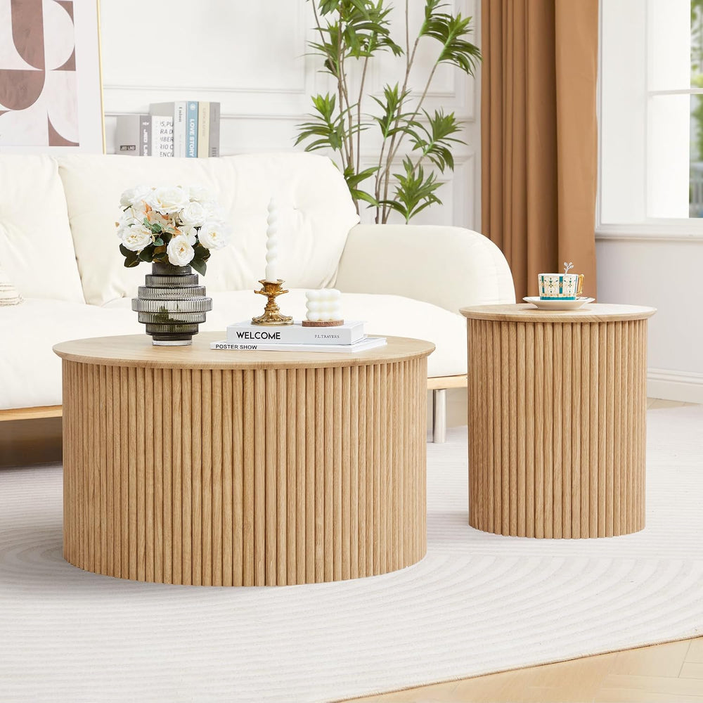 Fluted Round Nesting Coffee Table Set of 2 Circle Center Tables Living Room |...