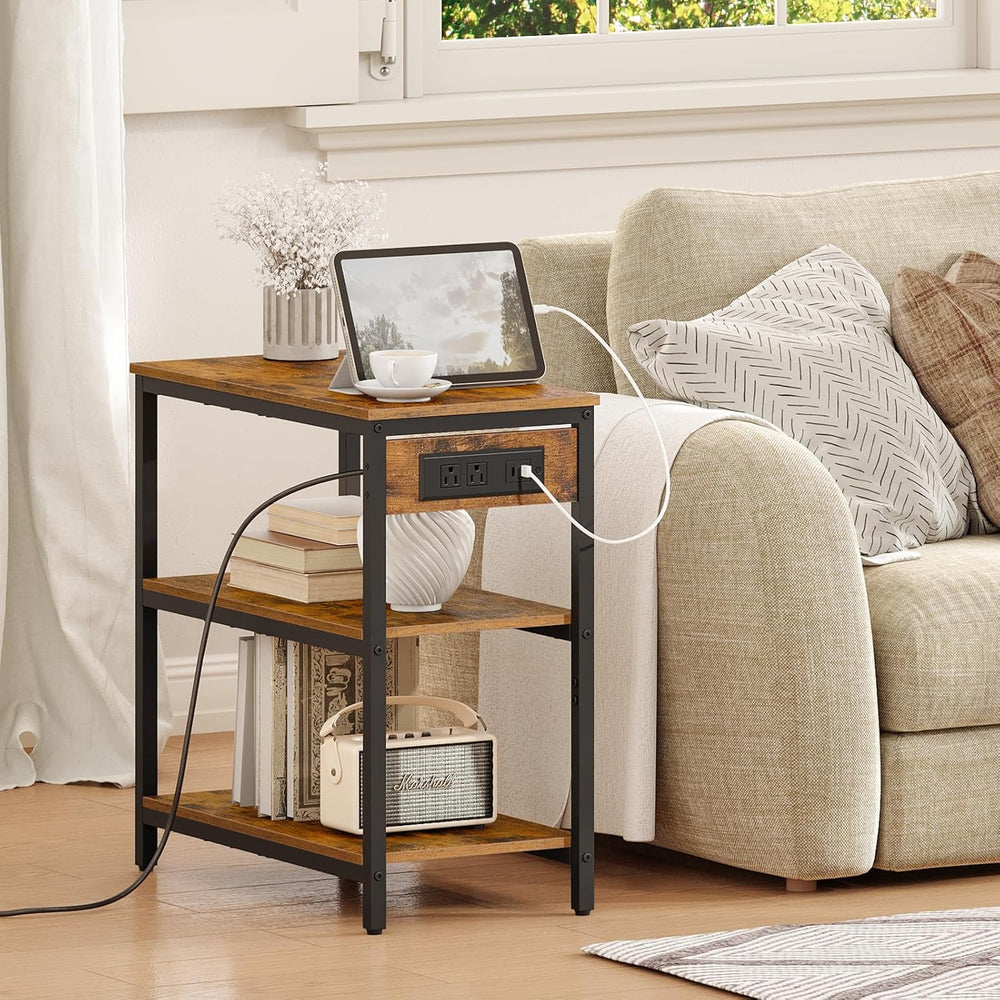 HOOBRO End Table with Charging Station, Side Table with 3 Tier Storage Shelf,...