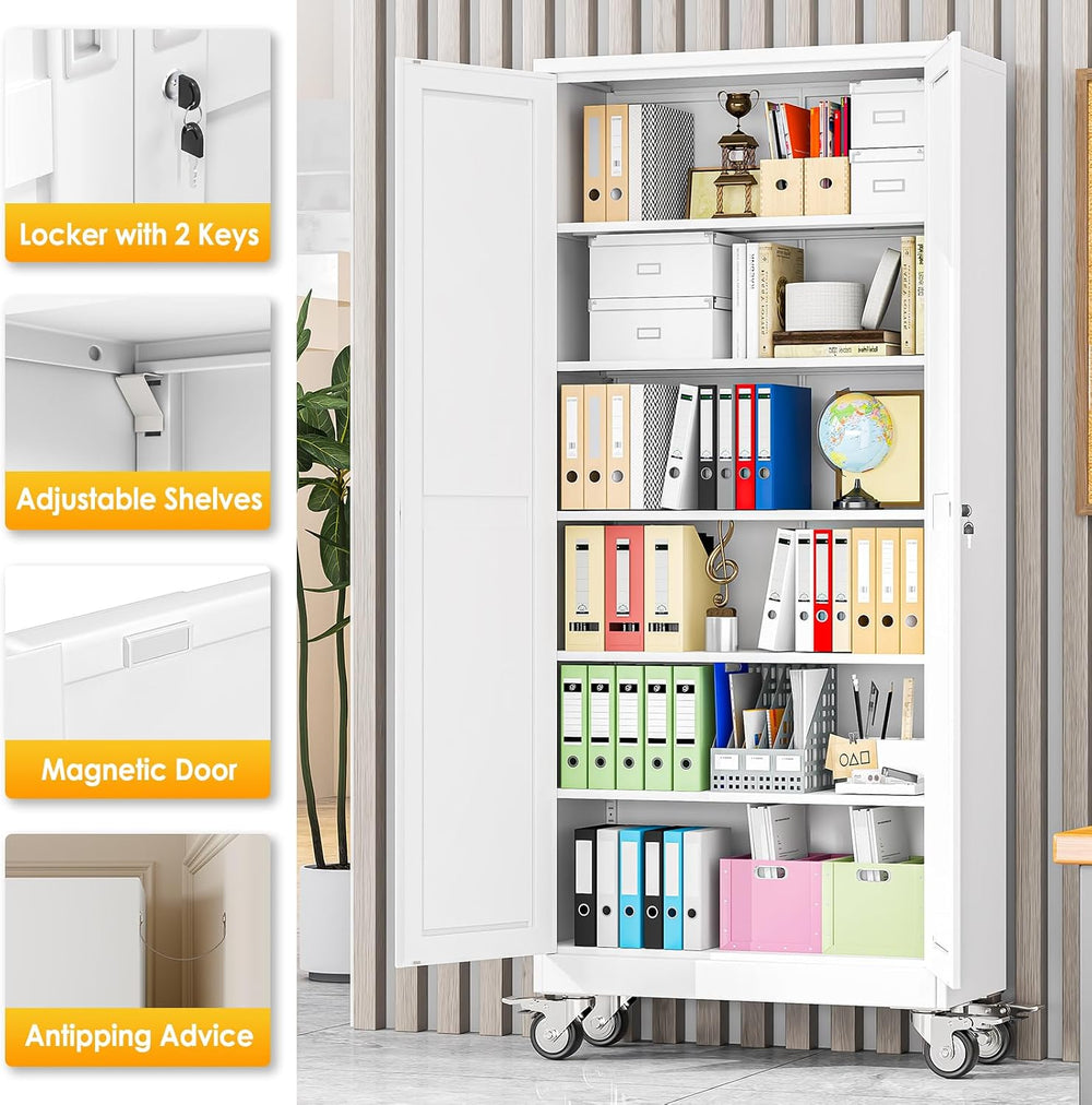 PAOFIN 75''H Metal Garage Storage Cabinet with Wheels,Steel File Cabi...